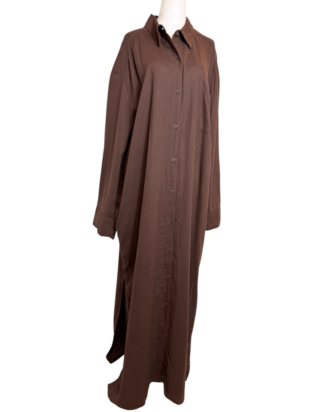 NWT H&M Dark Brown Linen Blend Long Maxi Shirt Dress XL
